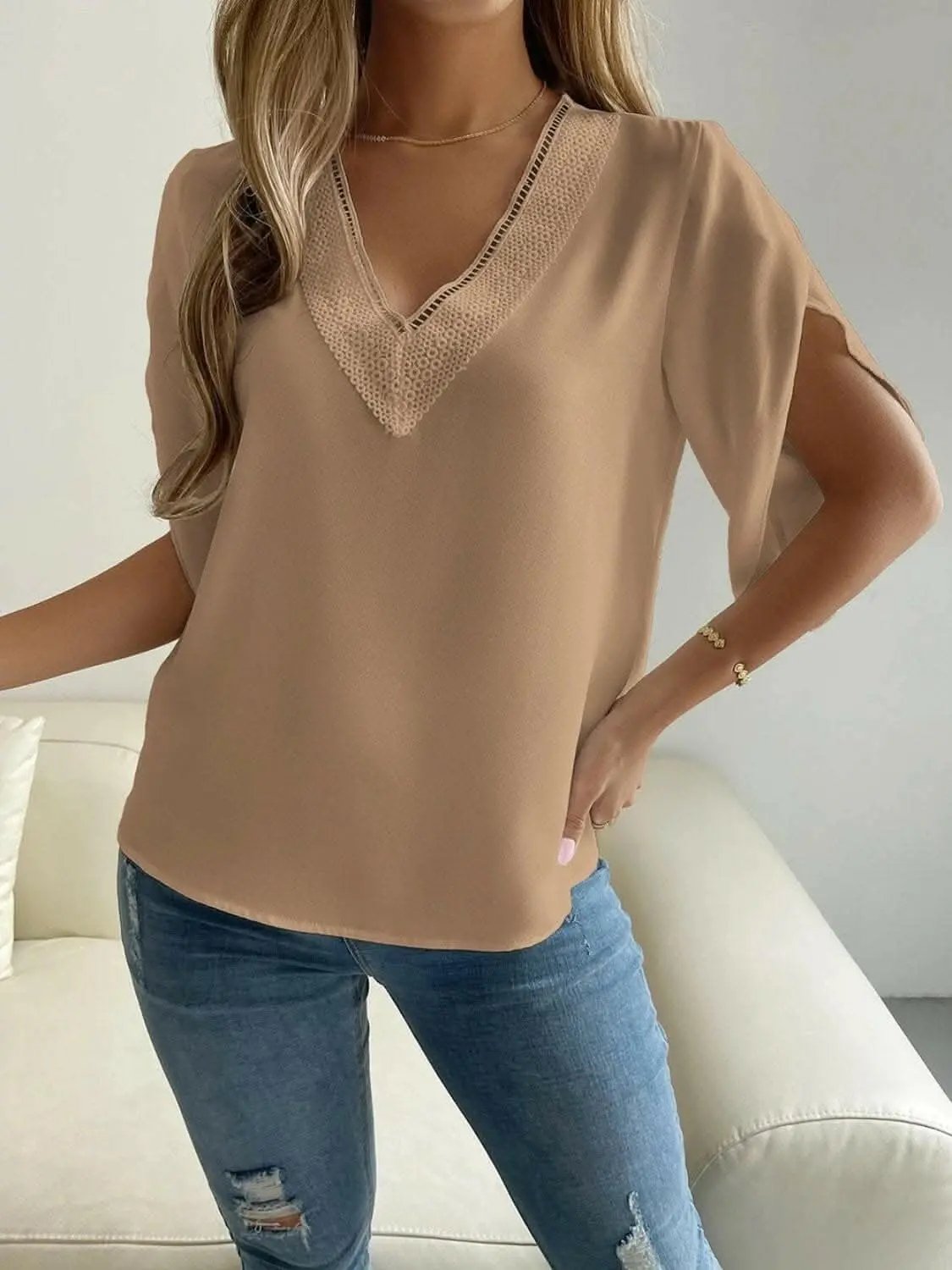 Elegant v-neck short sleeve blouse - Love Salve